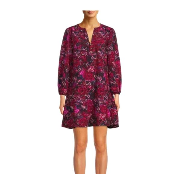 NEW Time & Tru Tiered Mini Dress Red Floral Paisley Boho Cottage Fairy Peasant - Picture 1 of 10